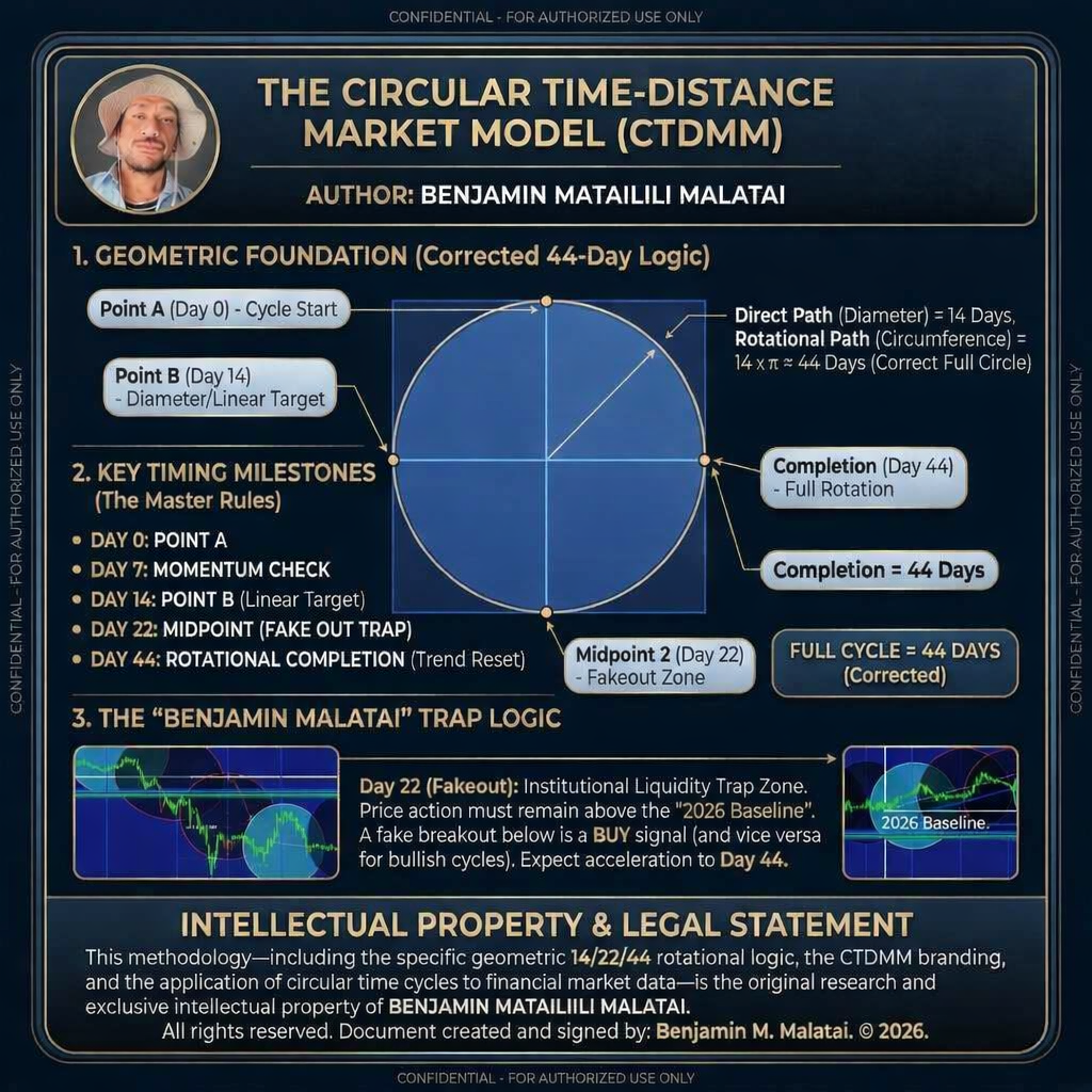 CTDMM Intellectual Property Card — authored by Benjamin Matailili Malatai, documenting the 14/22/44 geometric rotational logic of the Circular Time-Distance Market Model.